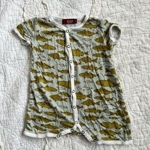 Milkbarn Green Fish Short Sleeve Shortall Onesie, size  6-12M